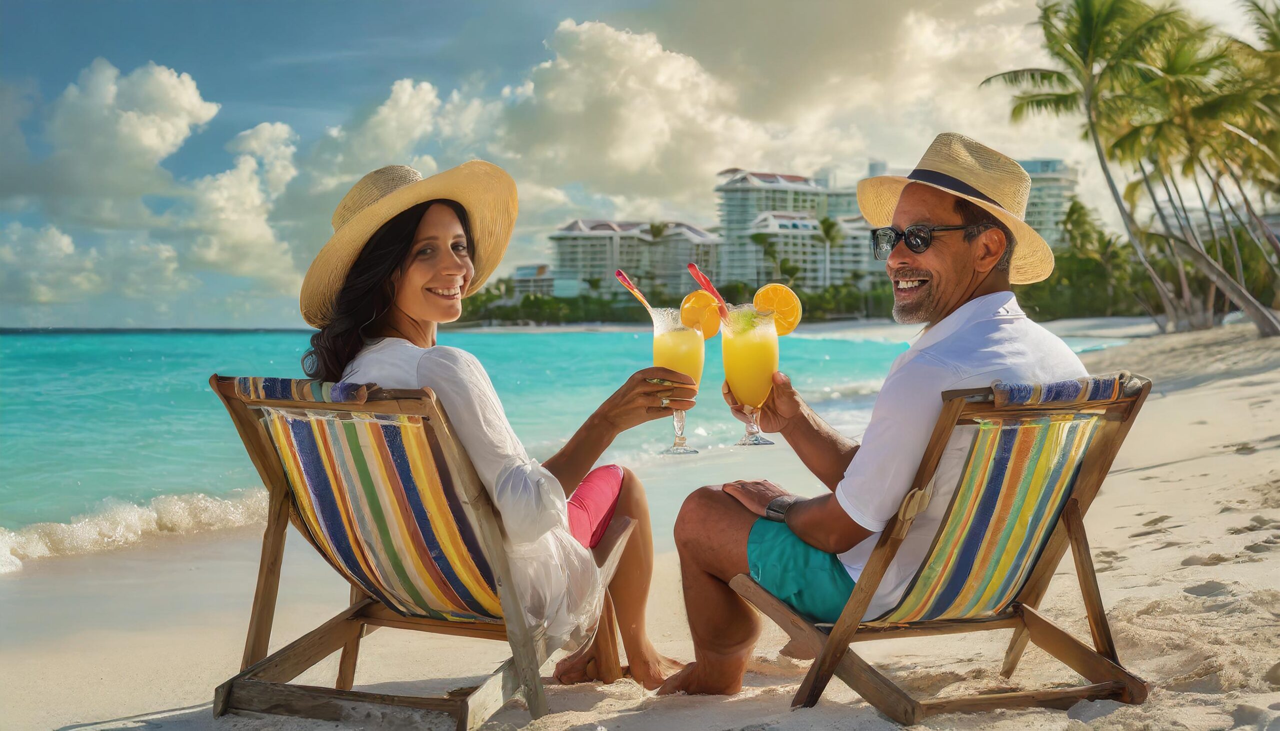 Firefly Imagen fotorrealista de una pareja feliz de mediana edad brindando con cocteles tropicales e 1 scaled